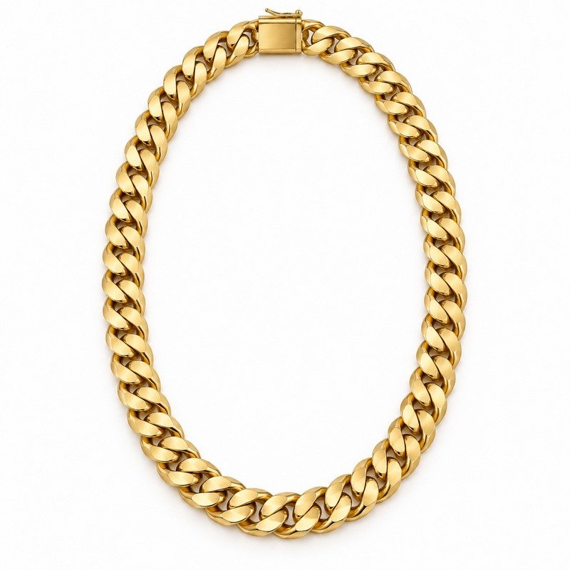 mens gold Stainless Steel 8mm cuban link necklace, front view on white