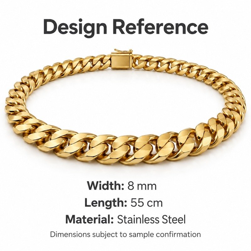 mens gold Stainless Steel 8mm cuban link necklace, design reference dimensions and material specifications