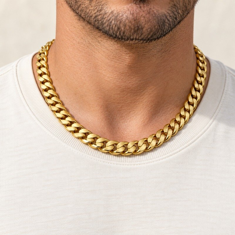 mens gold Stainless Steel 8mm cuban link necklace, worn by an adult model