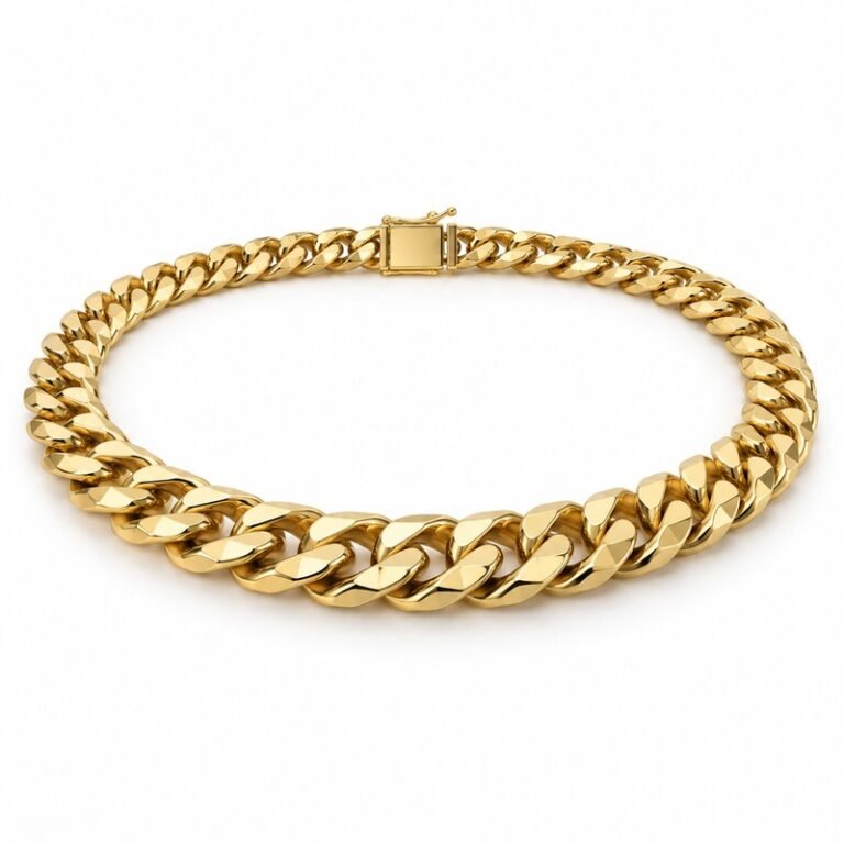mens gold Stainless Steel 10mm cuban link necklace, at a 45-degree angle on white