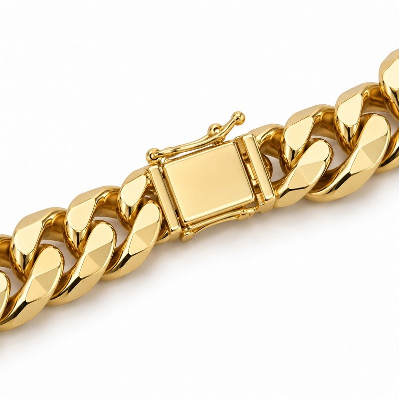 mens gold Stainless Steel 10mm cuban link necklace, reverse side and connection structure on white