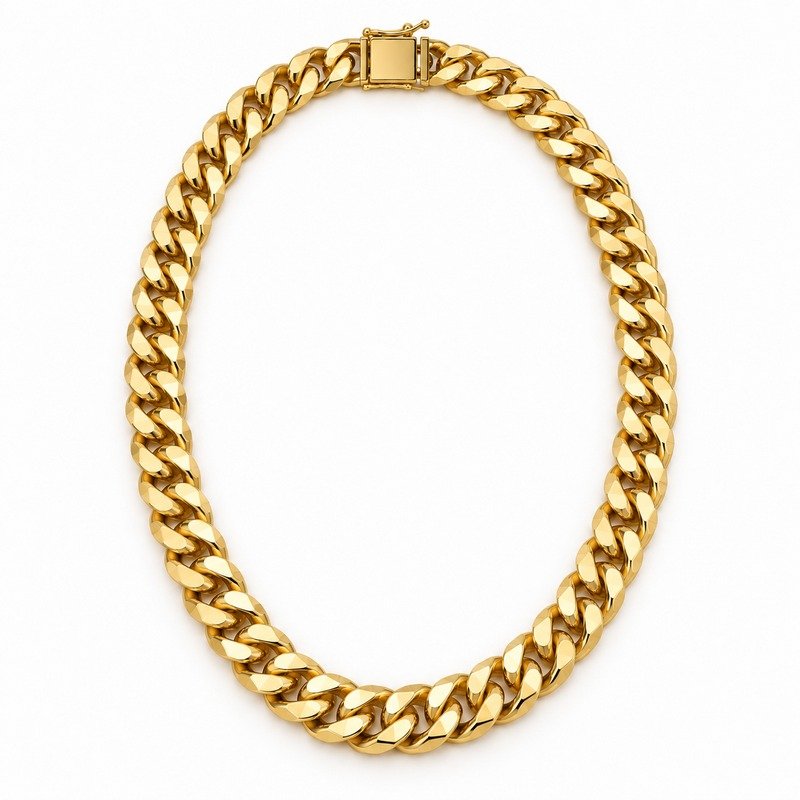 mens gold Stainless Steel 10mm cuban link necklace, front view on white