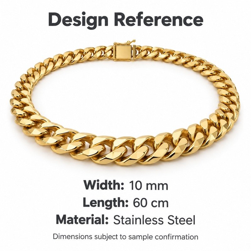 mens gold Stainless Steel 10mm cuban link necklace, design reference dimensions and material specifications