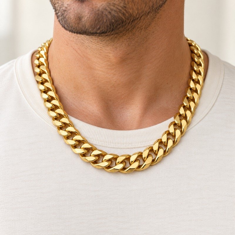 mens gold Stainless Steel 10mm cuban link necklace, worn by an adult model