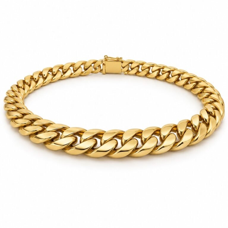 mens gold Stainless Steel 12mm cuban link necklace, at a 45-degree angle on white