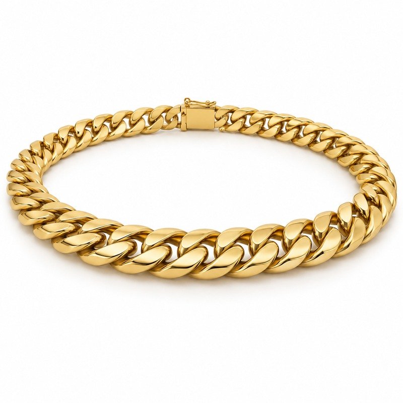 mens gold Stainless Steel 12mm cuban link necklace, at a 45-degree angle on white