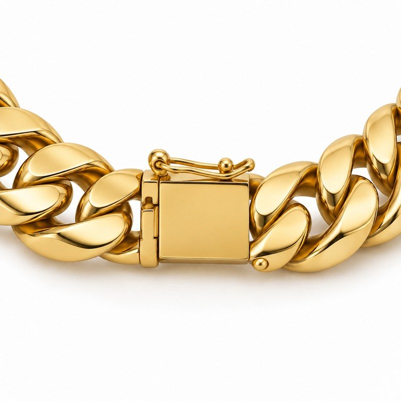 mens gold Stainless Steel 12mm cuban link necklace, reverse side and connection structure on white