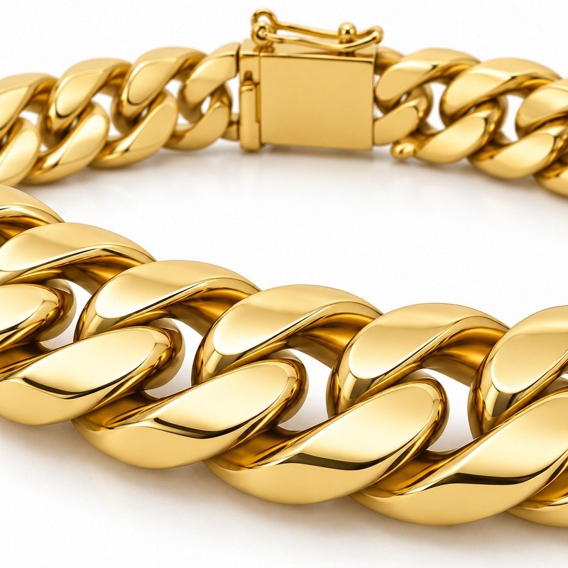 mens gold Stainless Steel 12mm cuban link necklace, material and craftsmanship close-up
