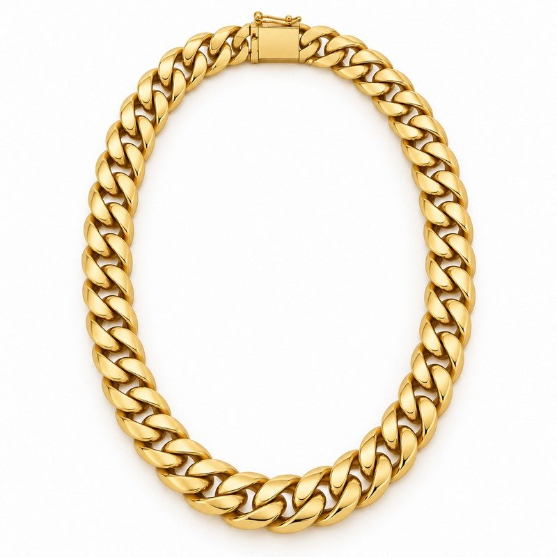 mens gold Stainless Steel 12mm cuban link necklace, front view on white