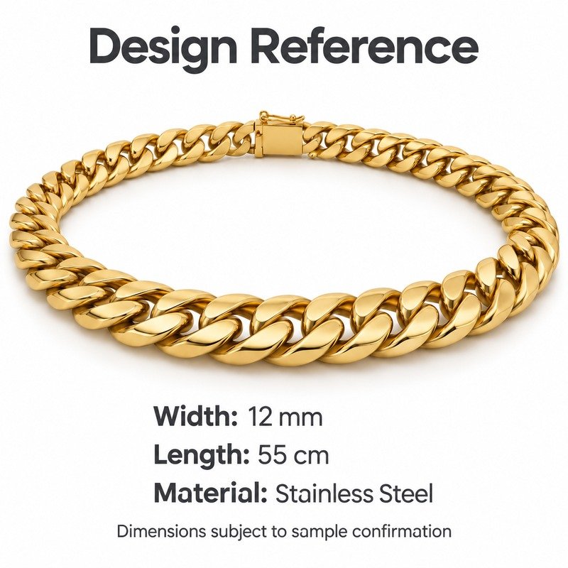 mens gold Stainless Steel 12mm cuban link necklace, design reference dimensions and material specifications