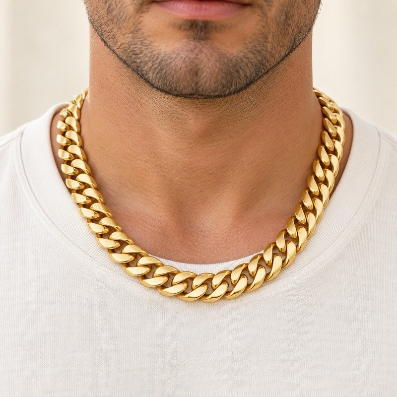 mens gold Stainless Steel 12mm cuban link necklace, worn by an adult model