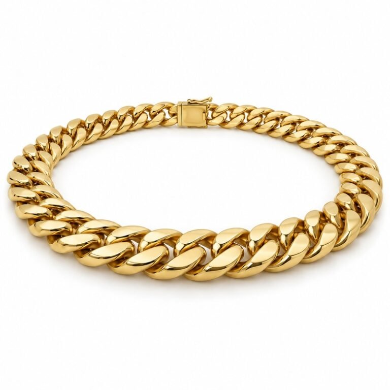 mens gold Stainless Steel 15mm cuban link necklace, at a 45-degree angle on white