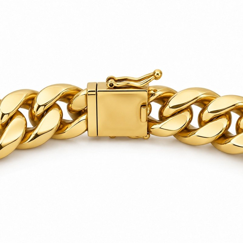 mens gold Stainless Steel 15mm cuban link necklace, reverse side and connection structure on white