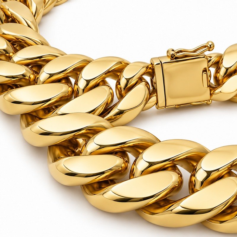 mens gold Stainless Steel 15mm cuban link necklace, material and craftsmanship close-up