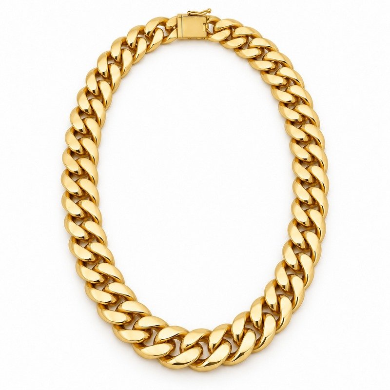 mens gold Stainless Steel 15mm cuban link necklace, front view on white