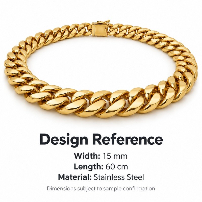 mens gold Stainless Steel 15mm cuban link necklace, design reference dimensions and material specifications