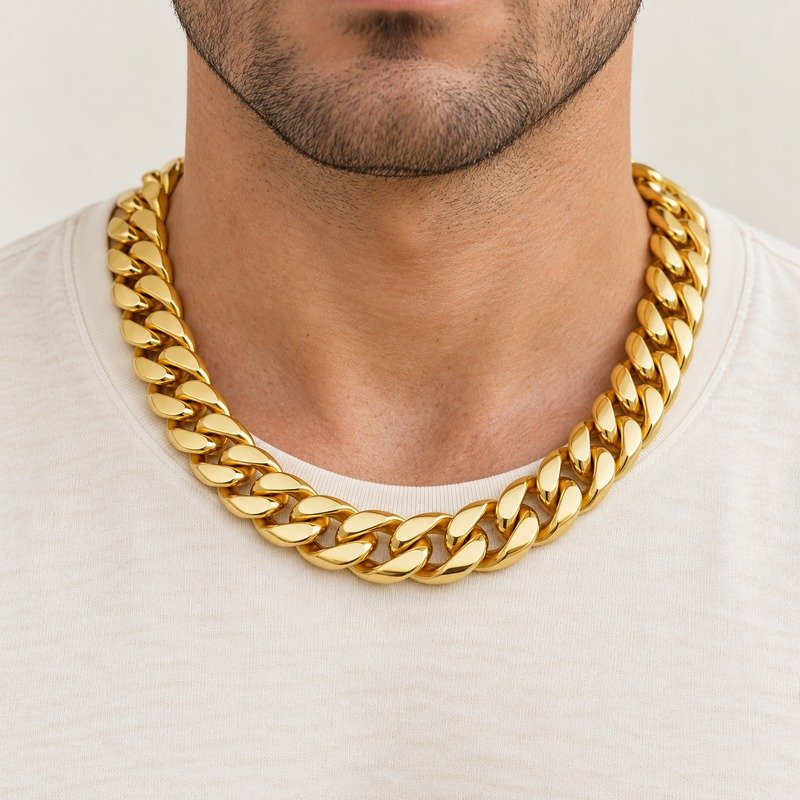 mens gold Stainless Steel 15mm cuban link necklace, worn by an adult model