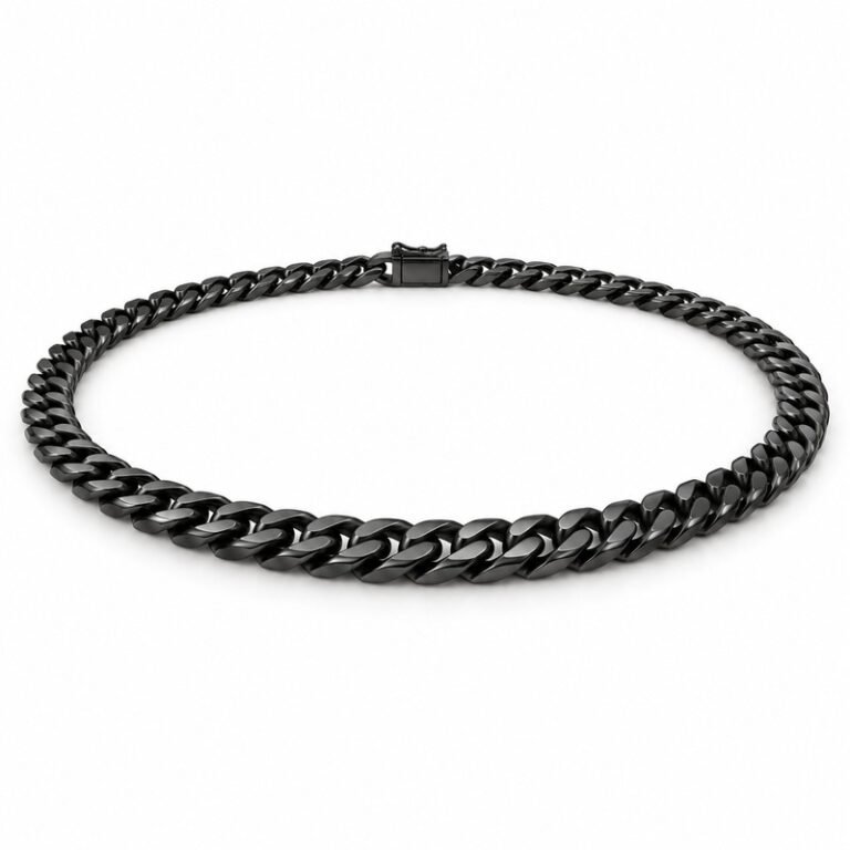 mens black Stainless Steel 5mm cuban link necklace, at a 45-degree angle on white