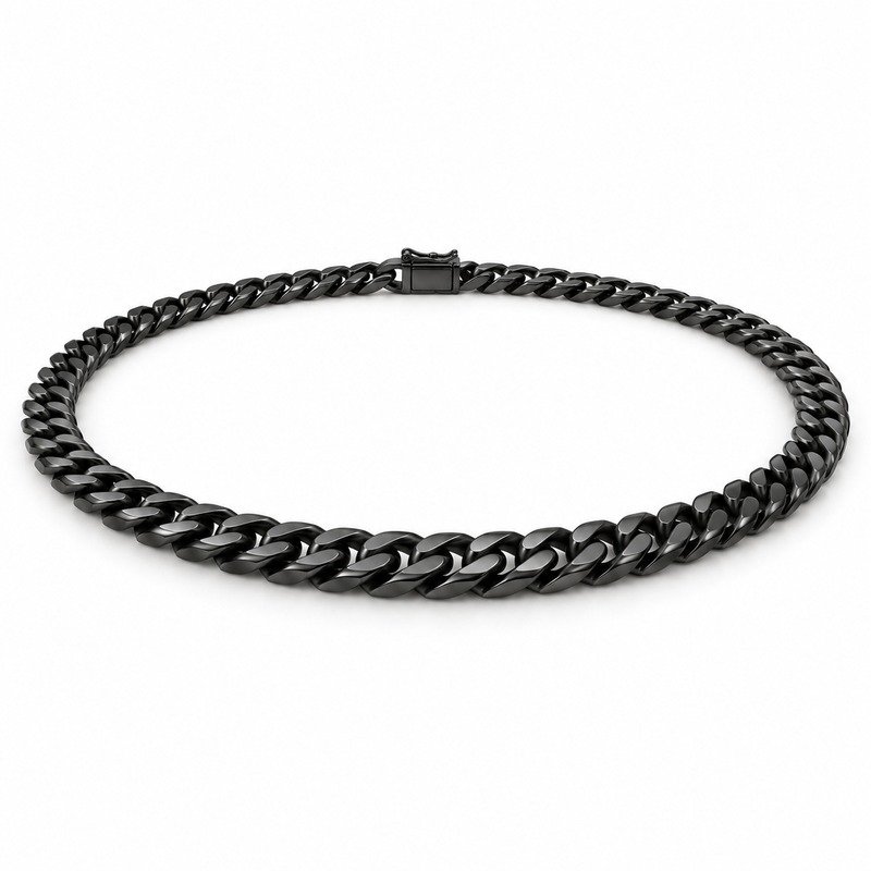 mens black Stainless Steel 5mm cuban link necklace, at a 45-degree angle on white
