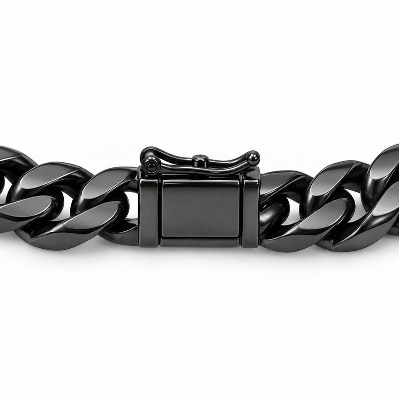 mens black Stainless Steel 5mm cuban link necklace, reverse side and connection structure on white