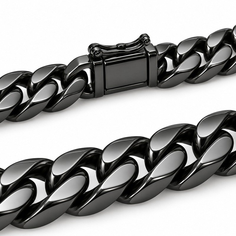 mens black Stainless Steel 5mm cuban link necklace, material and craftsmanship close-up