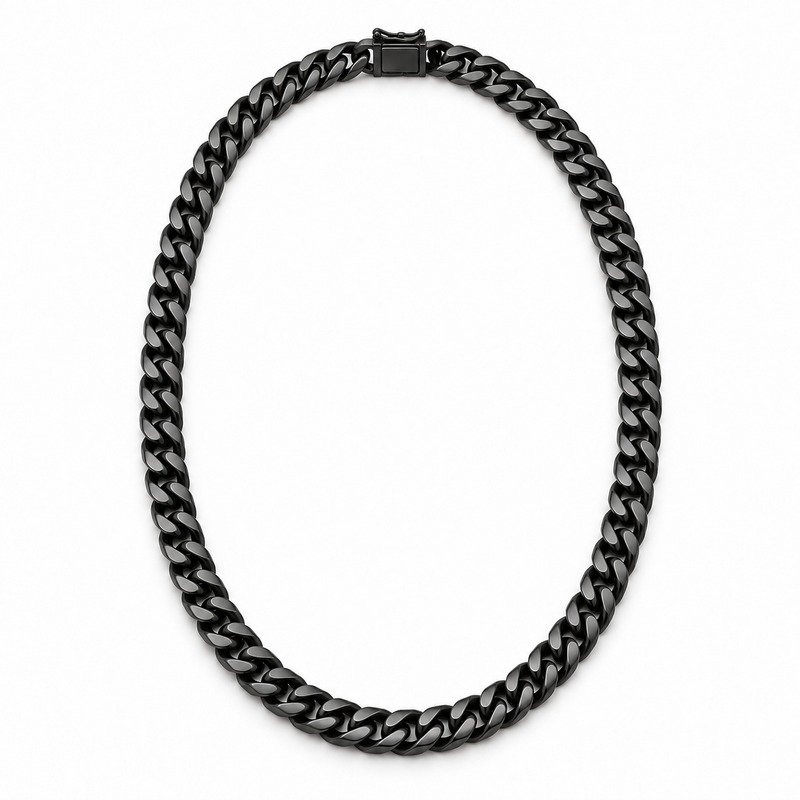 mens black Stainless Steel 5mm cuban link necklace, front view on white