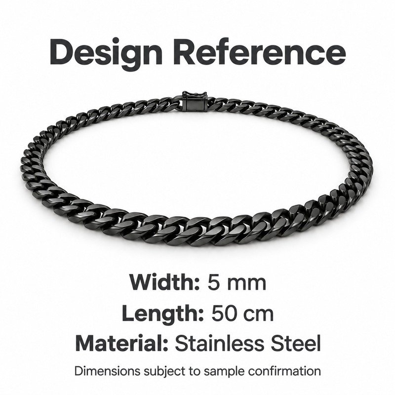 mens black Stainless Steel 5mm cuban link necklace, design reference dimensions and material specifications