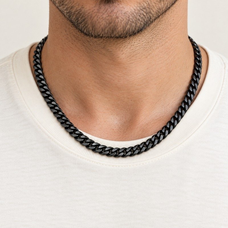 mens black Stainless Steel 5mm cuban link necklace, worn by an adult model