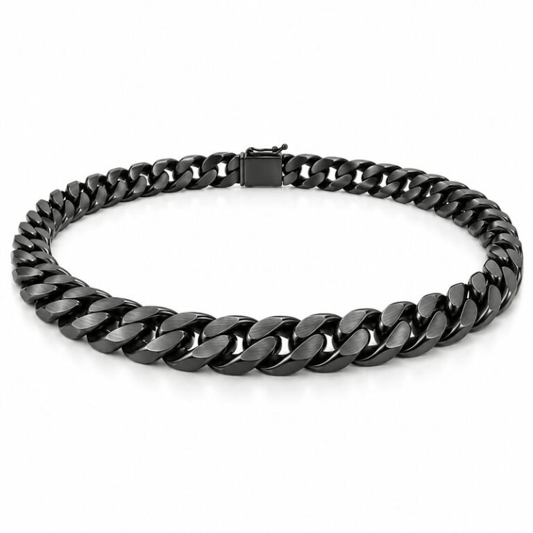 mens black Stainless Steel 8mm cuban link necklace, at a 45-degree angle on white