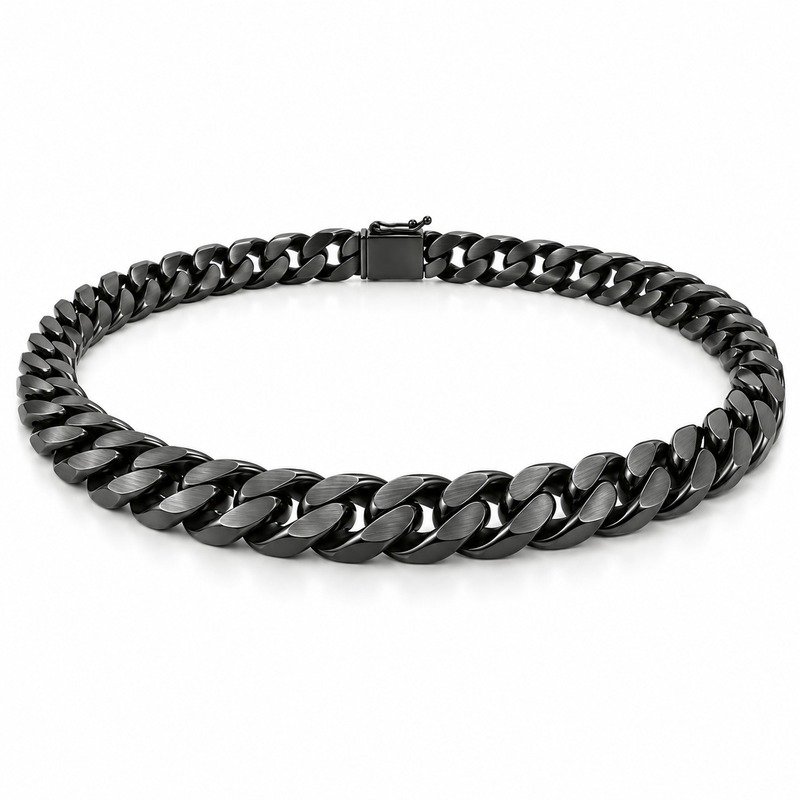mens black Stainless Steel 8mm cuban link necklace, at a 45-degree angle on white
