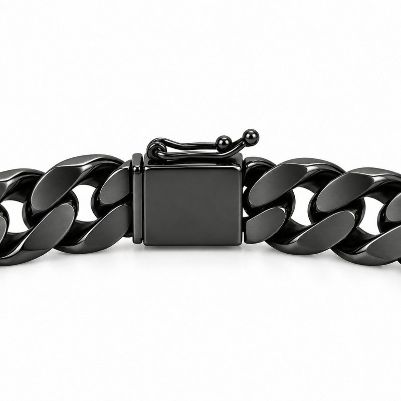 mens black Stainless Steel 8mm cuban link necklace, reverse side and connection structure on white