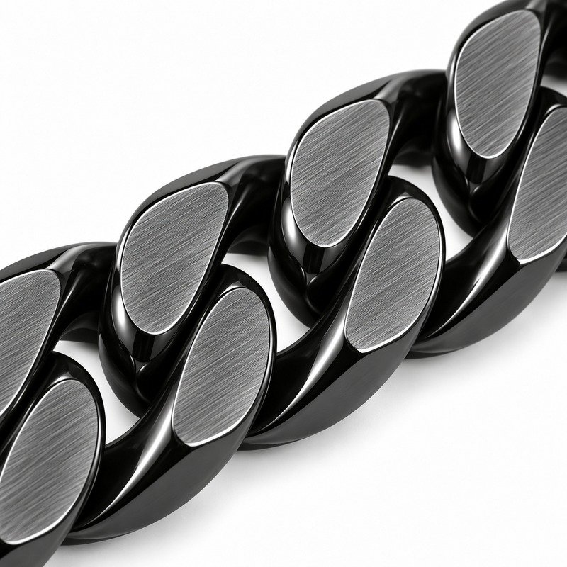 mens black Stainless Steel 8mm cuban link necklace, material and craftsmanship close-up