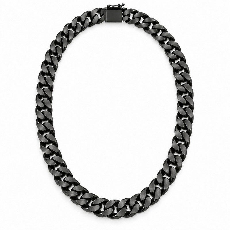 mens black Stainless Steel 8mm cuban link necklace, front view on white