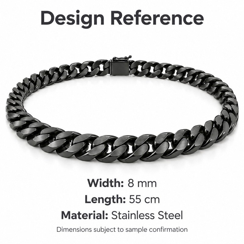 mens black Stainless Steel 8mm cuban link necklace, design reference dimensions and material specifications