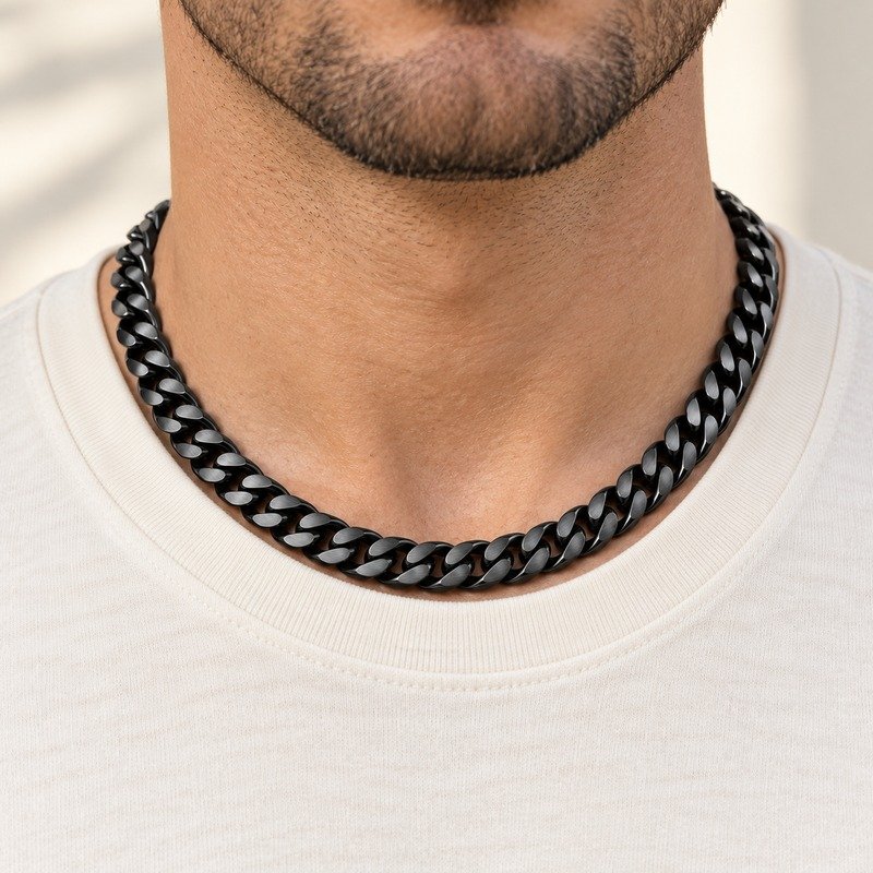 mens black Stainless Steel 8mm cuban link necklace, worn by an adult model