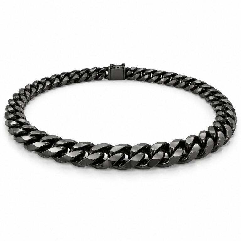 mens black Stainless Steel 10mm cuban link necklace, at a 45-degree angle on white