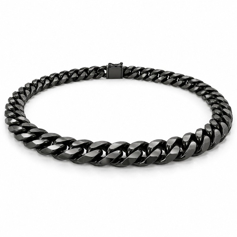 mens black Stainless Steel 10mm cuban link necklace, at a 45-degree angle on white