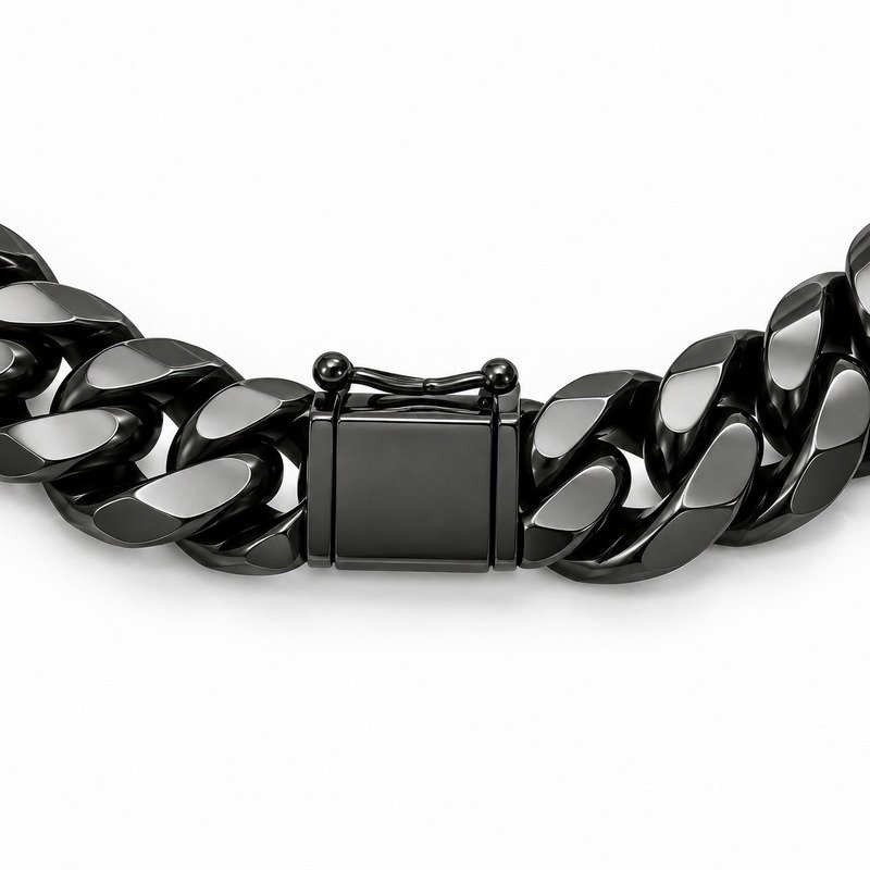 mens black Stainless Steel 10mm cuban link necklace, reverse side and connection structure on white