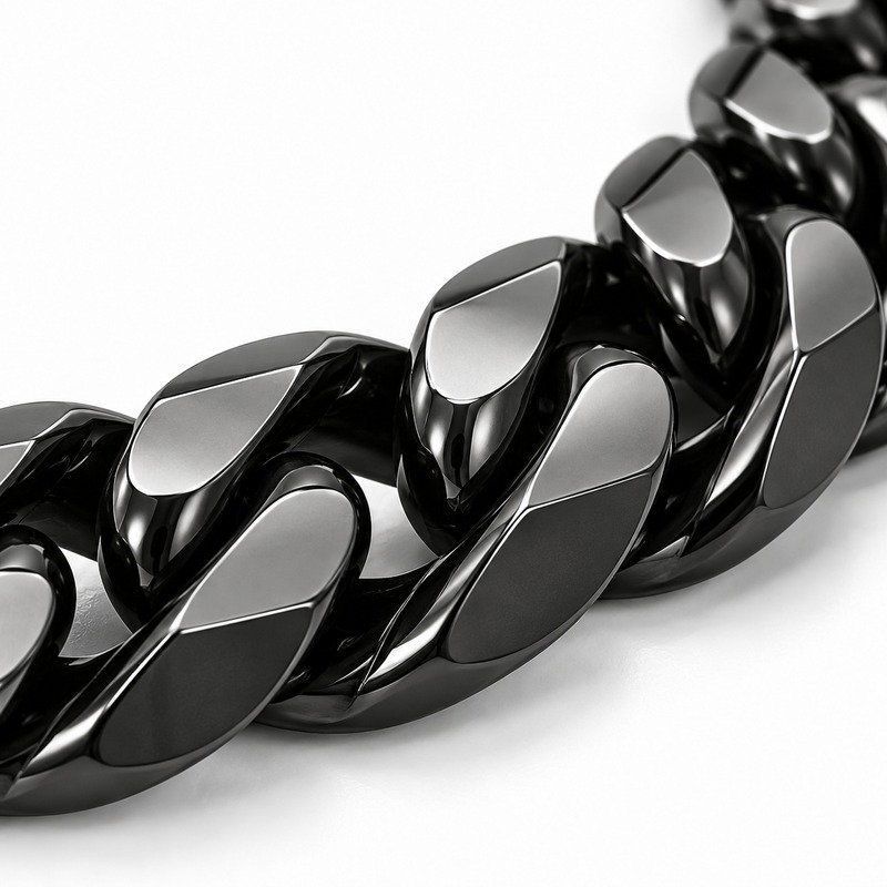 mens black Stainless Steel 10mm cuban link necklace, material and craftsmanship close-up