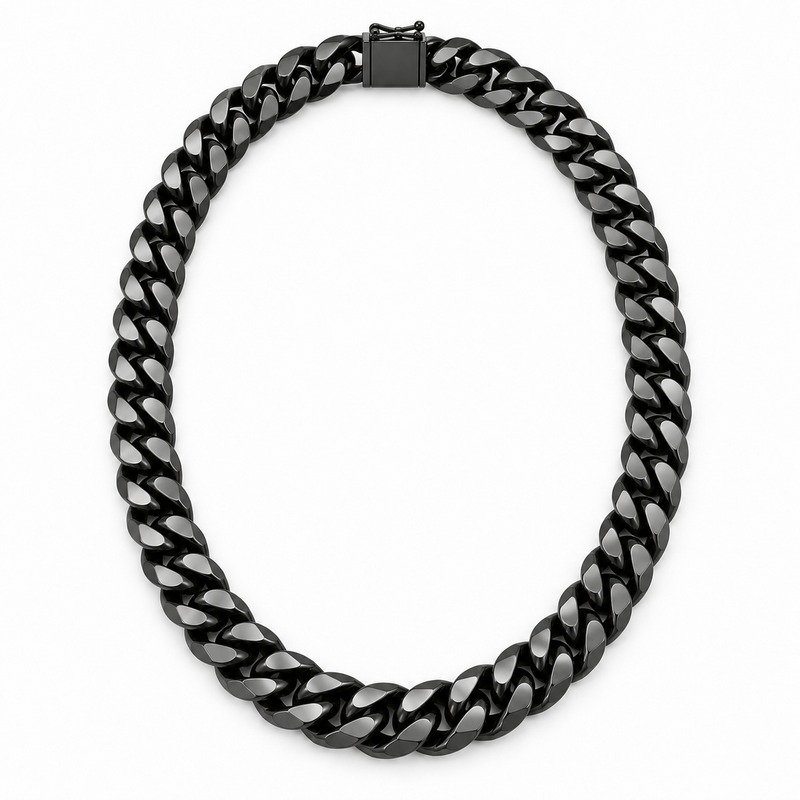 mens black Stainless Steel 10mm cuban link necklace, front view on white