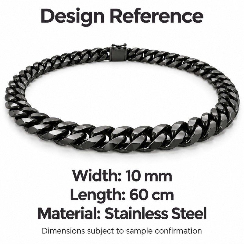 mens black Stainless Steel 10mm cuban link necklace, design reference dimensions and material specifications