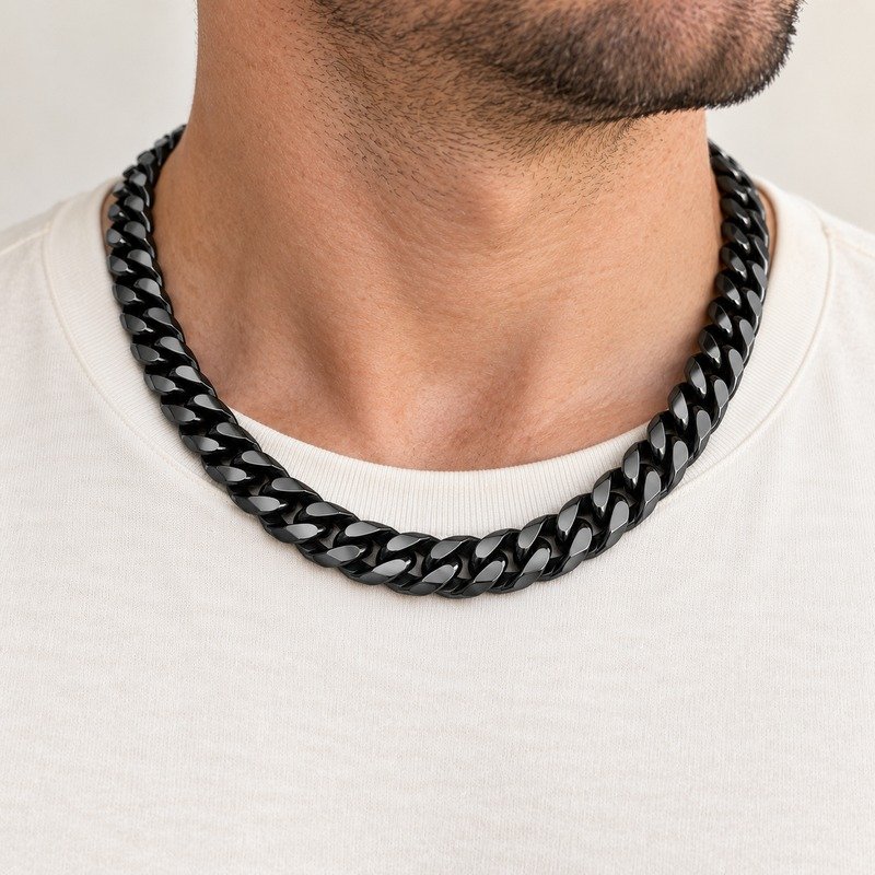 mens black Stainless Steel 10mm cuban link necklace, worn by an adult model