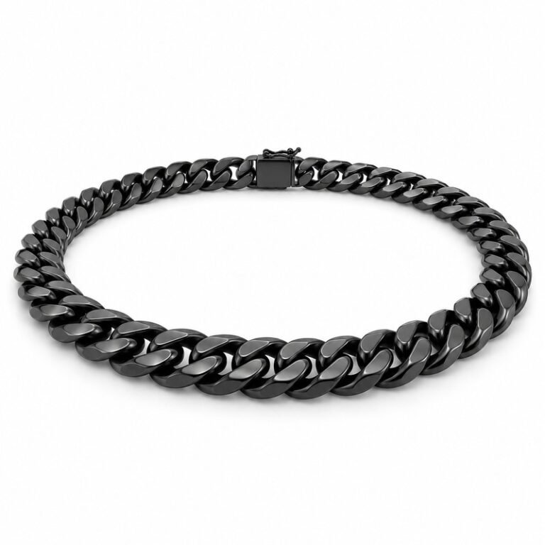 mens black Stainless Steel 12mm cuban link necklace, at a 45-degree angle on white