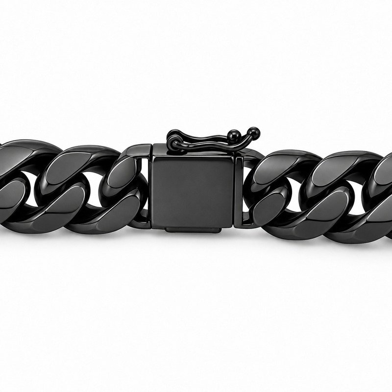 mens black Stainless Steel 12mm cuban link necklace, reverse side and connection structure on white