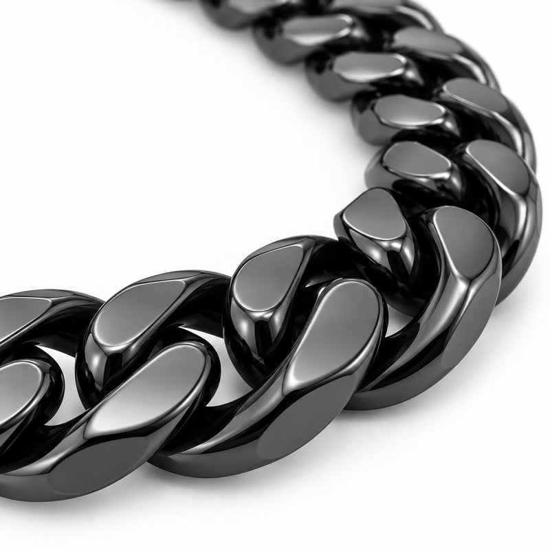 mens black Stainless Steel 12mm cuban link necklace, material and craftsmanship close-up