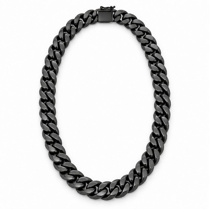 mens black Stainless Steel 12mm cuban link necklace, front view on white