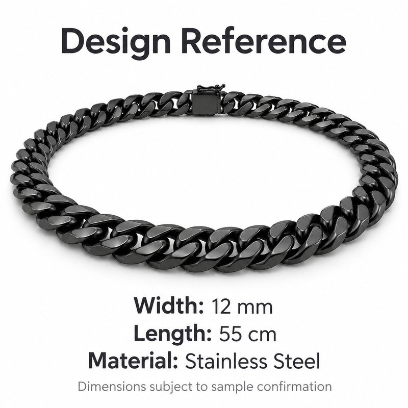 mens black Stainless Steel 12mm cuban link necklace, design reference dimensions and material specifications
