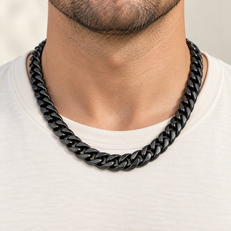 mens black Stainless Steel 12mm cuban link necklace, worn by an adult model