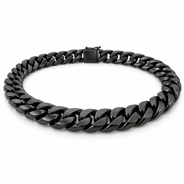 mens black Stainless Steel 15mm cuban link necklace, at a 45-degree angle on white