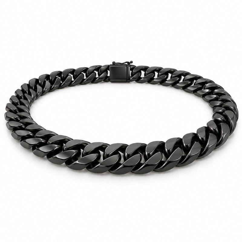 mens black Stainless Steel 15mm cuban link necklace, at a 45-degree angle on white
